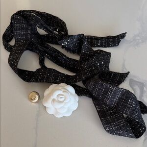 Chanel flower brooch & metal piece with logo & ribbon